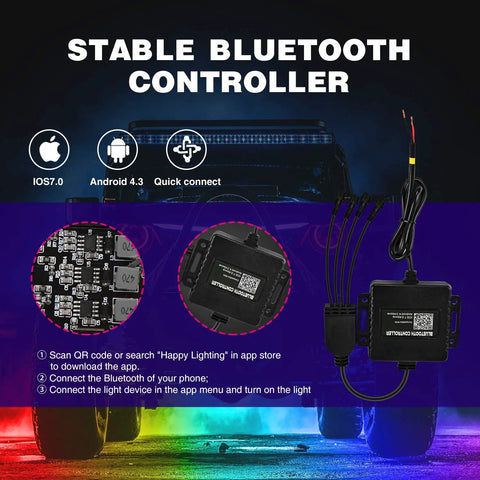 RGB LED Rock Lights Kit With 4 Pods Underglow Neon Lights Bluetooth App Control Music Mode And Flashing Wheel Well Lighting For Truck ATV UTV RZR SUV Get Lit Off Road Decor, showing Bluetooth controller and connection setup.