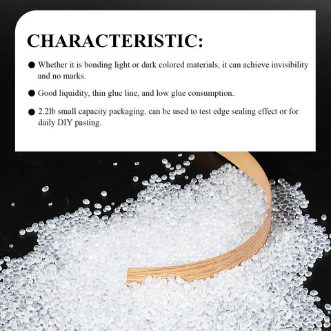 Heavy Duty Hot Melt Edgebander Glue Pellets For Cabinetry And Diy Fixes in 2.2lb packaging on a dark surface.