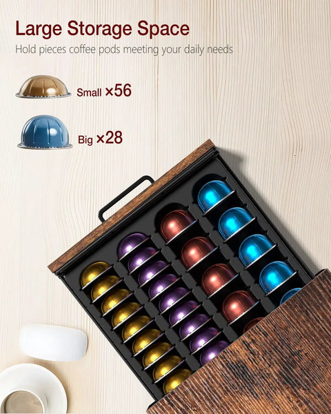 Rustic Brown Coffee Pod Organizer Drawer For Vertuo And Nespresso keeps 28 large or 56 small pods neatly sorted in four columns.