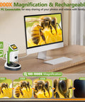 Handheld Digital Microscope With Screen 4K Clarity 1000X Magnification Kid Friendly Awesome STEM Science Kit Gift Toys For Curious Young Scientists Aged 5 And Up on desk with bee image