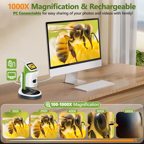 Handheld Digital Microscope With Screen 4K Clarity 1000X Magnification Kid Friendly Awesome STEM Science Kit Gift Toys For Curious Young Scientists Aged 5 And Up on desk with bee image