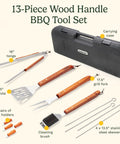 13 Piece Wooden Handle Grill Tools Set With Stainless Steel Spatula, Fork, Tongs, Cleaning Brush, Skewers, Corn Holders And Compact Case