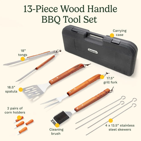 13 Piece Wooden Handle Grill Tools Set With Stainless Steel Spatula, Fork, Tongs, Cleaning Brush, Skewers, Corn Holders And Compact Case