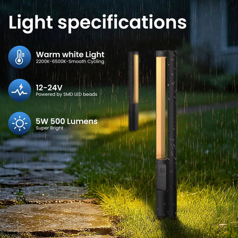 All In One Low Voltage Landscape Lighting Kit With Transformer And Dusk To Dawn Sensor, path lights illuminating a pathway