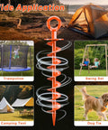 Heavy Duty Screw In Ground Anchors 15 Inch Spiral Earth Anchors 4 Pack For Trampolines High Wind Swing Sets Tent Stakes Dog Tie Outs And Canopy Stability Orange image with trampoline, swing set, tent, and dog applications.
