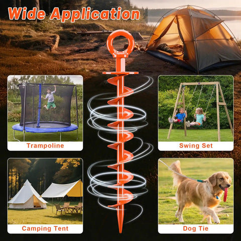 Heavy Duty Screw In Ground Anchors 15 Inch Spiral Earth Anchors 4 Pack For Trampolines High Wind Swing Sets Tent Stakes Dog Tie Outs And Canopy Stability Orange image with trampoline, swing set, tent, and dog applications.