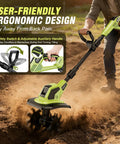 Man using 21V Cordless Tiller Cultivator with Two Batteries, brushless electric tiller in garden with ergonomic handle design.