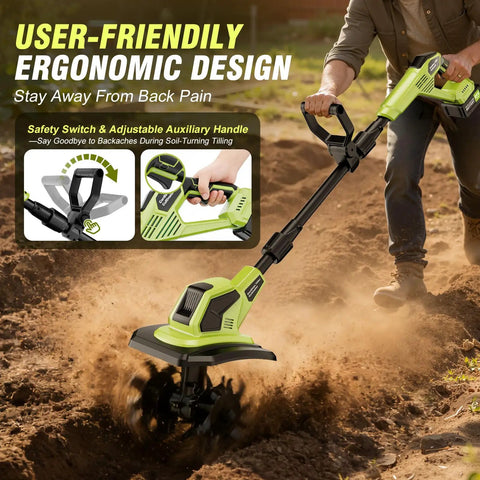 Man using 21V Cordless Tiller Cultivator with Two Batteries, brushless electric tiller in garden with ergonomic handle design.