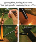 2 In 1 Fire Piston And Ferro Rod Starter Kit For Campfires with piston, ferro rod, blower, and tweezers in use outdoors.