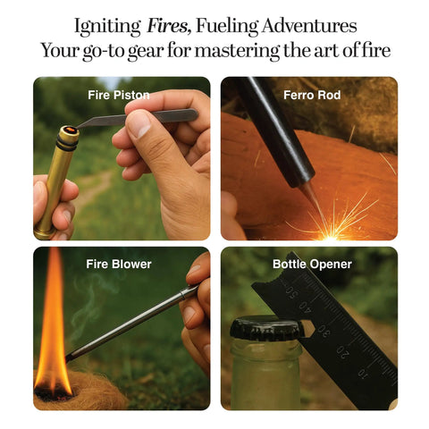 2 In 1 Fire Piston And Ferro Rod Starter Kit For Campfires with piston, ferro rod, blower, and tweezers in use outdoors.