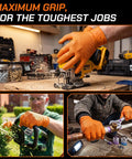 Heavy Duty 10 Mil Orange Nitrile Gloves With Raised Diamond Grip, Disposable Latex Free Work Gloves Built Tough For The Daily Grind, Extra Large Fit, 1000 Count, shown in action for various tasks.