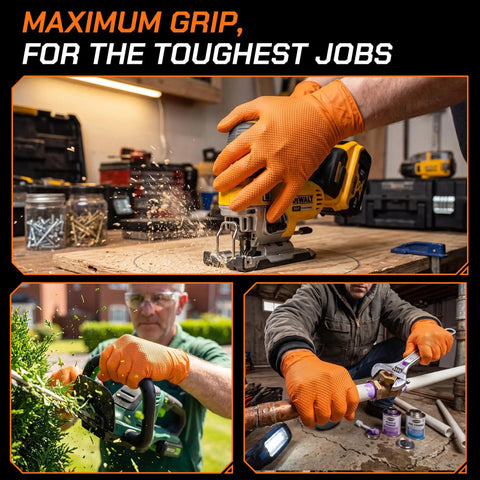 Heavy Duty 10 Mil Orange Nitrile Gloves With Raised Diamond Grip, Disposable Latex Free Work Gloves Built Tough For The Daily Grind, Extra Large Fit, 1000 Count, shown in action for various tasks.