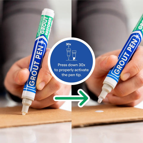 Light Grey Grout Pen For Tile Touch Up Waterproof Marker Narrow 5mm showing activation steps on cardboard