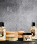 Fractionated Coconut Oil Cutting Board Oil for Kitchen Counters with soap, brush, wax beside cutting board