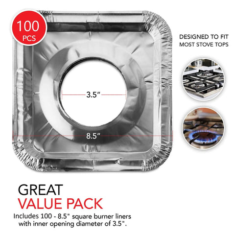 Heavy Duty Aluminum Stove Top Burner Liners 8.5 Inch 100 Pack Disposable Covers for gas stove top with dimensions shown.