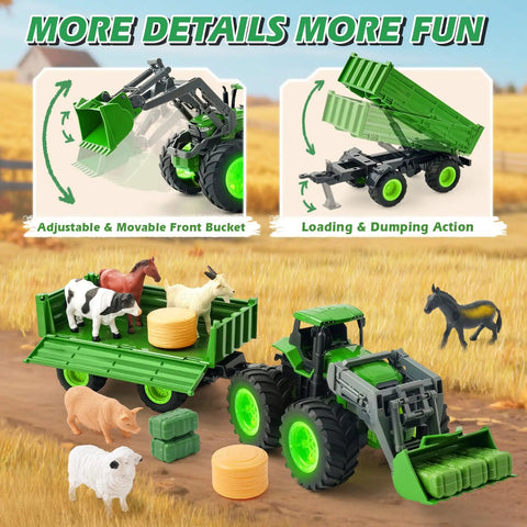 Kid Friendly Upgrade Remote Control Tractor Playset With Front Loader Trailer And Working Lights 2.4GHz RC Farm Vehicle Toys