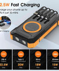 Massive 49800mAh Wireless Power Bank With Built In Cables showcasing fast charging ports and wireless pad