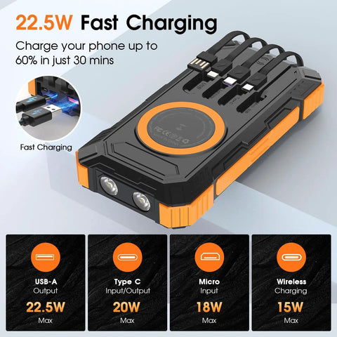Massive 49800mAh Wireless Power Bank With Built In Cables showcasing fast charging ports and wireless pad