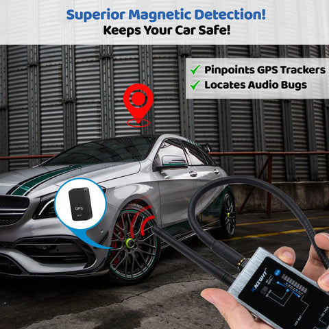 Premium Hidden Devices Detector Kit Your Go To Tool For Spotting Hidden Cameras RF Signals GPS Tracking And Spy Bugs Anti Spy Sweeper in use detecting GPS trackers on car with device.