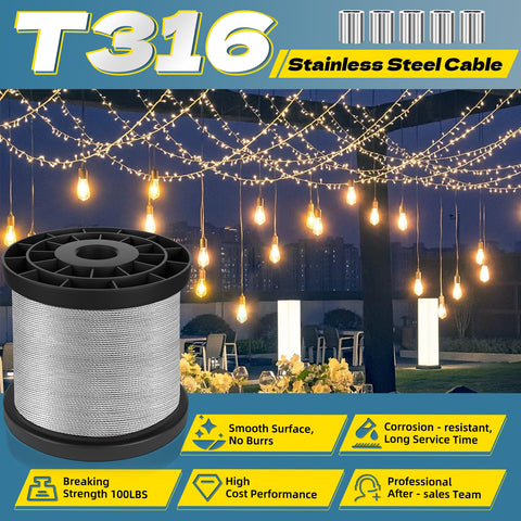 Heavy Duty Stainless Steel Wire Rope Kit 400 Ft Long 1/32 Inch Cable With 100 Aluminum Sleeve Stops for string lights and decor