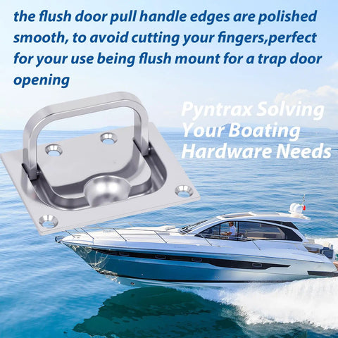 316 Stainless Steel Flush Lifting Handle And Recessed Door Pull With Mounting Screws, shown on a marine background.