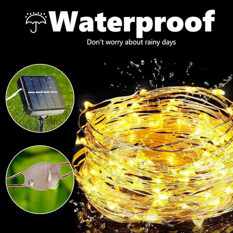 Outdoor Solar String Lights 2 Pack 66ft 200 LED Waterproof Lit Twinkle Lights With 8 Modes; solar panel and waterproof detail shown.