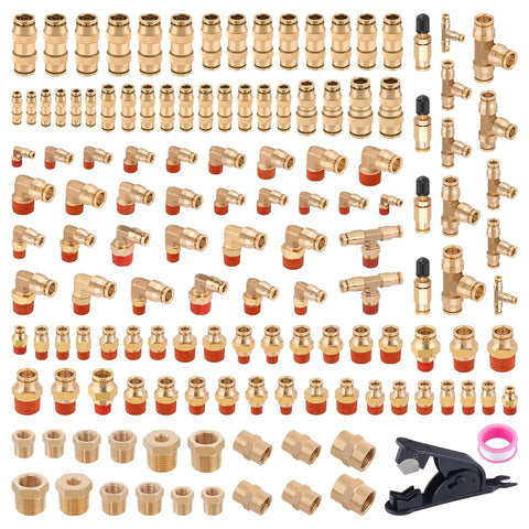 CheeMuii 136pc brass DOT air fittings kit, front view: assorted push-to-connect fittings in 1/8–1/2 in with elbows.