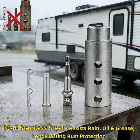 Trailer Jack Drill Adapter For 1 Inch Drive Shaft, Stainless Steel Heavy Duty Power Tool, shown against an RV.