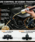 Tight Squeeze Friendly 200cc Automotive Fluid Extractor And Fill Pump with manual shut-off valve in use on engine.