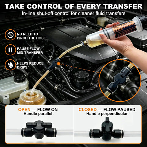 Tight Squeeze Friendly 200cc Automotive Fluid Extractor And Fill Pump with manual shut-off valve in use on engine.