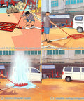Heavy Duty EV Battery Cooling Extinguisher With Steel Push Pull Rod For Lithium Pack Fire Suppression At Charging Stations and Fuel Pumps Keeps Your Rig Cool No Sweat, shown in four steps of operation.
