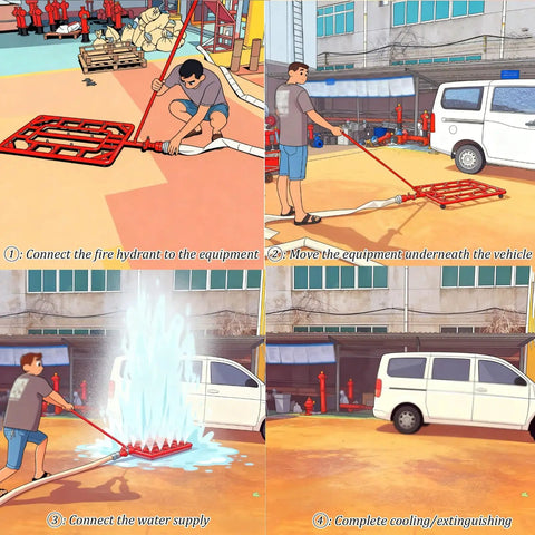Beat The Heat Beast Mode Fire Extinguisher For Home And Car with instructions on connecting fire hydrant and water supply.