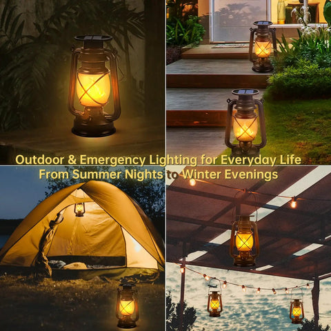 Outdoor Solar Lanterns With Lit Dancing Flame LED Lights For Patio And Garden, Waterproof Hanging Lanterns, Auto On Off, Energy Saving Camping Lamps, Landscape Decor For Yard Pathway And Porch, 2 Pack