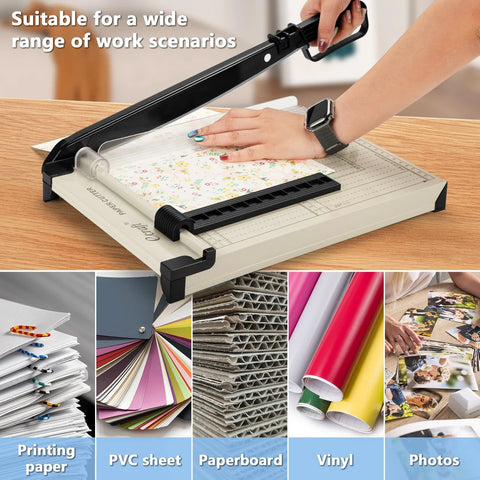 Front view of Ecraft 12-inch Guillotine Paper Cutter with safety guard, metal base, magnetic guide, 15-sheet capacity