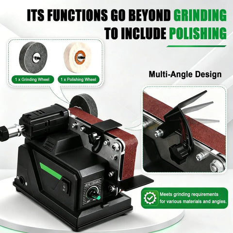 Compact Mini Bench Belt Sander With 10m/s High Speed For Multi Material Finishing, featuring grinding and polishing wheels.