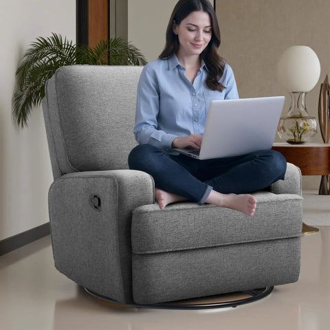 Woman using laptop on a gray recliner with 22 Inch Height Increase Heavy Duty Recliner Swivel Base Replacement With 10.2 Inch Square Swivel Plate
