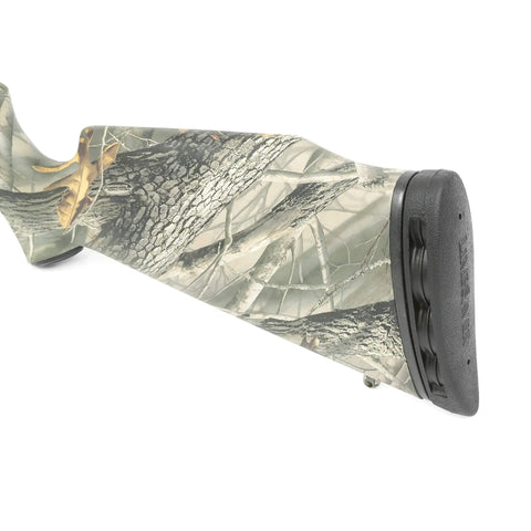 AirTech Precision-Fit Recoil Pad on camo stock rifle, reduces felt recoil up to 70 percent, boosts stability, control, accuracy