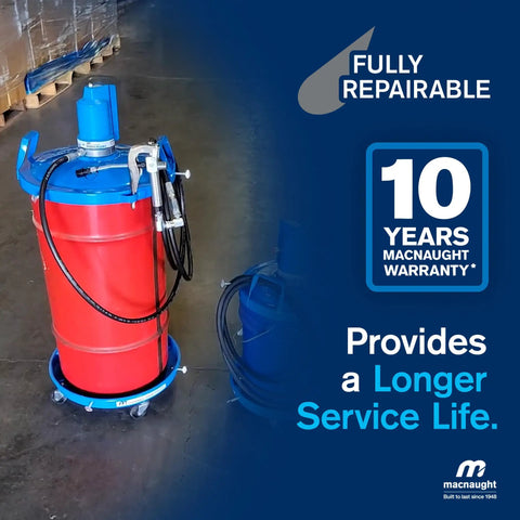 Professional Air Operated Grease Pump For 120 Lb Drums on a rolling cart, featuring a red drum and blue components.