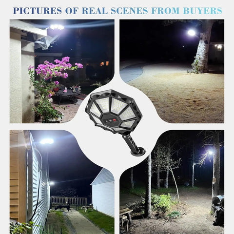 Eight Sided Solar Outdoor Lights With Motion Sensor, 168 LED 6500K Dusk To Dawn Flood Light, IP66, 6000LM in garden scenes