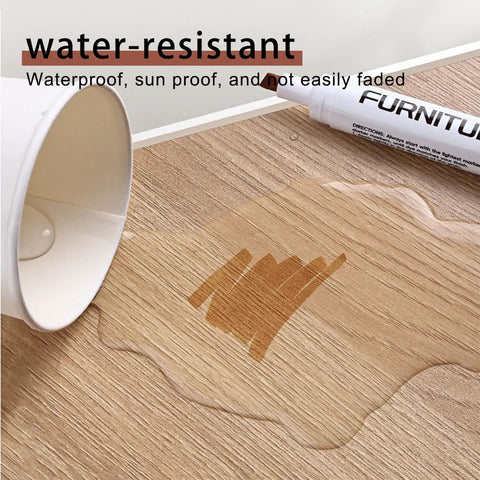 Easy Peasy Furniture Markers And Wood Scratch Repair Pens With No Sweat Color Match Swatch Card For Scuffed Floors Desks Tables helping surfaces look fresh again in brown reddish chestnut on wood with water spill.