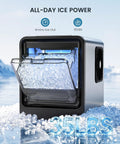 Snazzy Countertop Nugget Ice Maker With Auto Water Refill Produces Hella Fast Crystal Clear Bubble Ice In Just Four Minutes Yields Thirty Five Pounds Daily showing clear bubble ice in visible tray.
