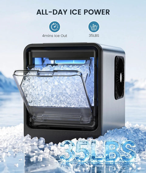 Snazzy Countertop Nugget Ice Maker With Auto Water Refill Produces Hella Fast Crystal Clear Bubble Ice In Just Four Minutes Yields Thirty Five Pounds Daily showing clear bubble ice in visible tray.