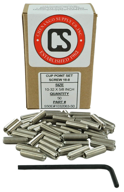 10-32 Stainless Socket Set Screws Cup Point, 5/8 Inch, Coarse Thread, Headless Grub Screws With Recessed Hex Drive, Pack Of 50 With Hex Key Wrench