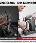 Heavy Duty Cast Iron Arbor Press With Steel Anvil For Center Punch And Ring Making, demonstrating controlled pressing accuracy.