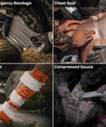 Rhino Rescue IFAK trauma kit (black) with emergency bandage, chest seal, splint, and compressed gauze.