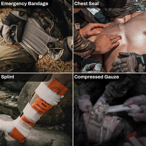 Rhino Rescue IFAK trauma kit (black) with emergency bandage, chest seal, splint, and compressed gauze.
