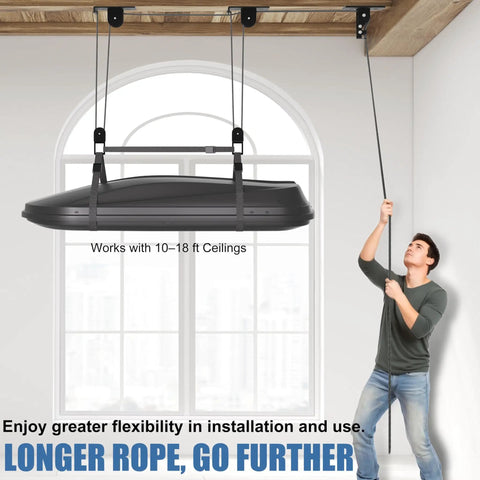 Overhead Garage Ceiling Hoist System For Kayaks, Canoes, Bikes And Ladders, Heavy Duty Pulley Lift Holds Up To 150 Lbs, Fits 10 To 18 Foot Ceilings in use