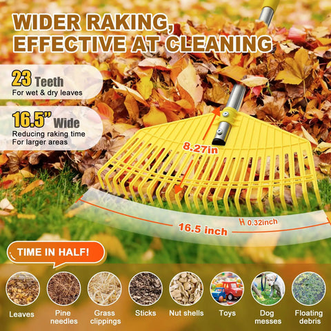 Heavy Duty Leaf Rake With 16.5 Inch Nylon Head And 51 Inch Adjustable Stainless Steel Handle For Yard Cleanup Leaves Grass Clippings Pine Needles Tough As Nails Lightweight Ergonomic Tool For Women Seniors And Kids shown with wide nylon head raking fall leaves.