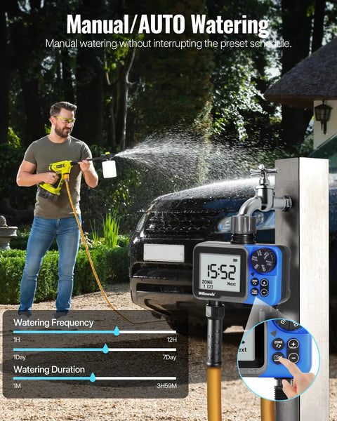 Man using Two Zone Hose Timer With Independent Outlets Rain Delay Manual Watering And Programmable Schedule for car washing.