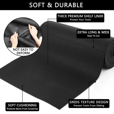 Close-up view of Foam Toolbox Drawer Liner Mat One Eighth Inch Thick Sixteen Inches Wide Sixteen Feet Long Black No Slip Tool Protector